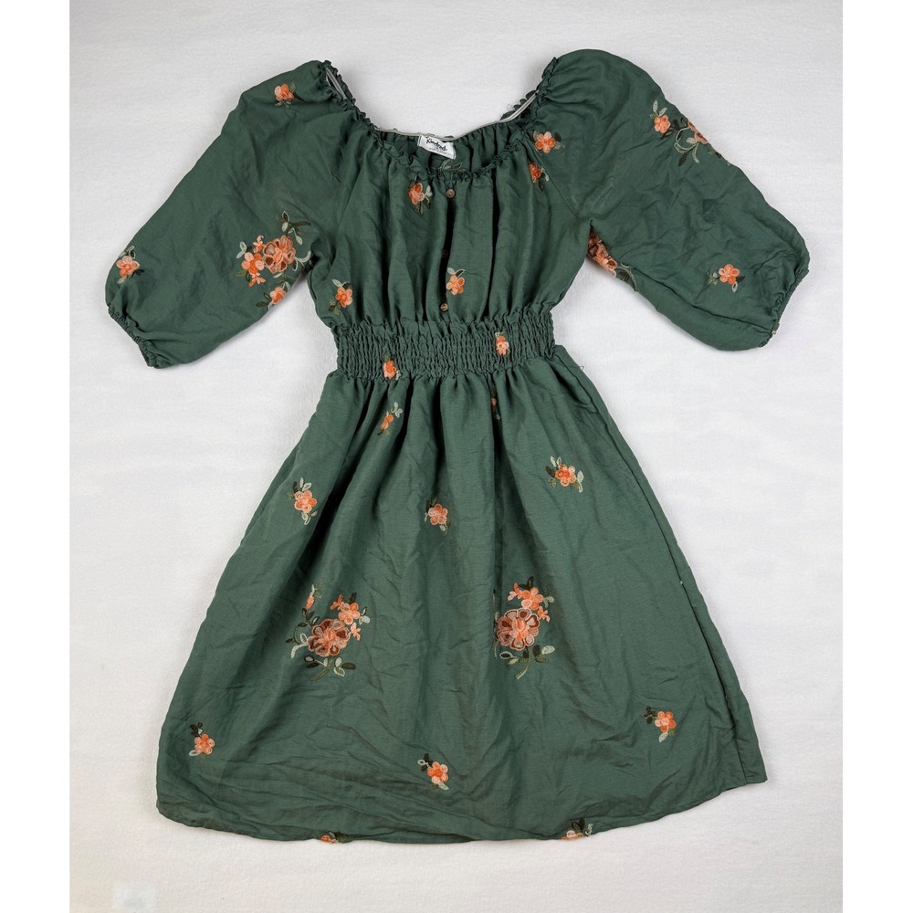 Kindred Medium Dress Cottagecore Boho Floral Embroidered Smocked Green